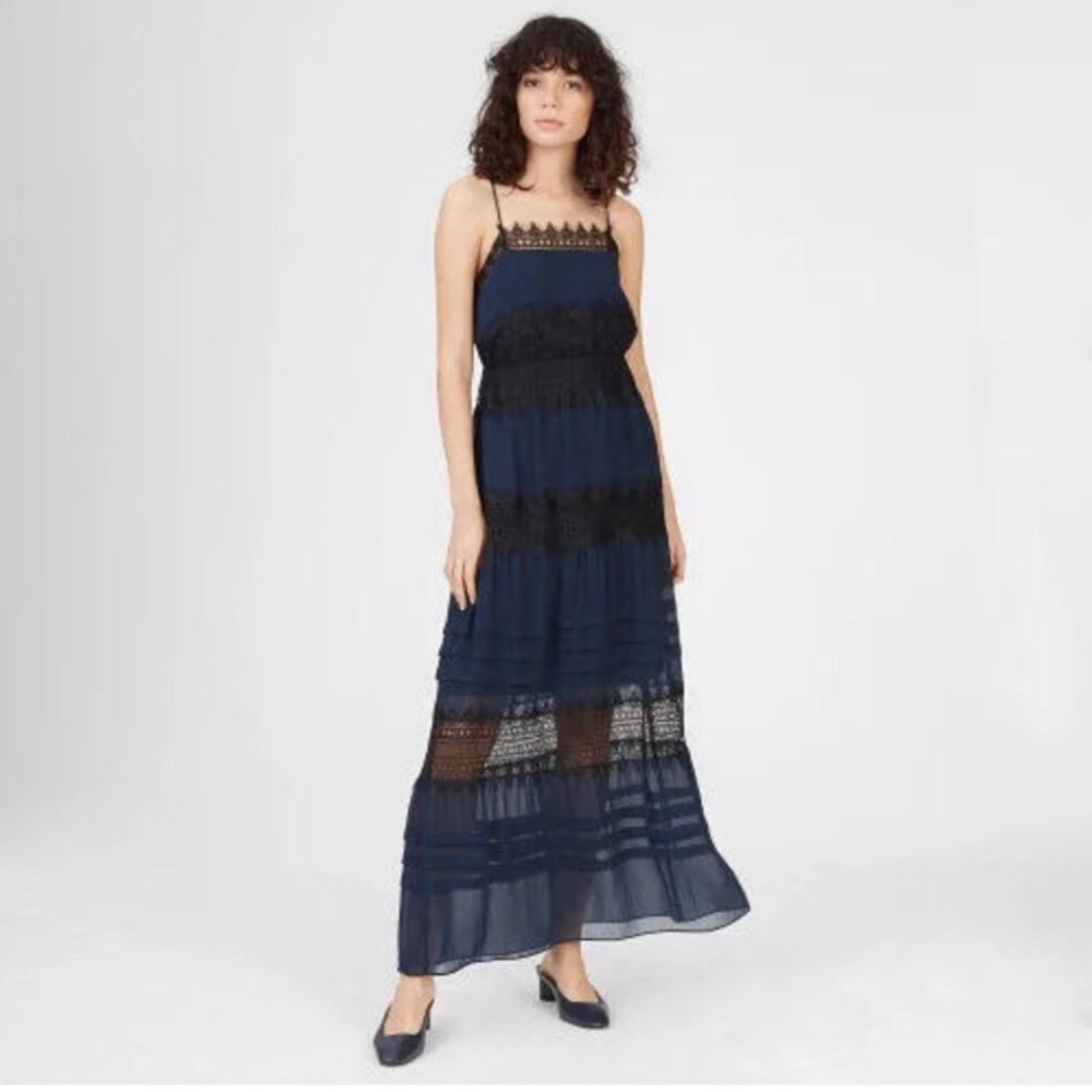 Club Monaco Galadriel Navy Blue & Black Lace Slip Maxi Dress